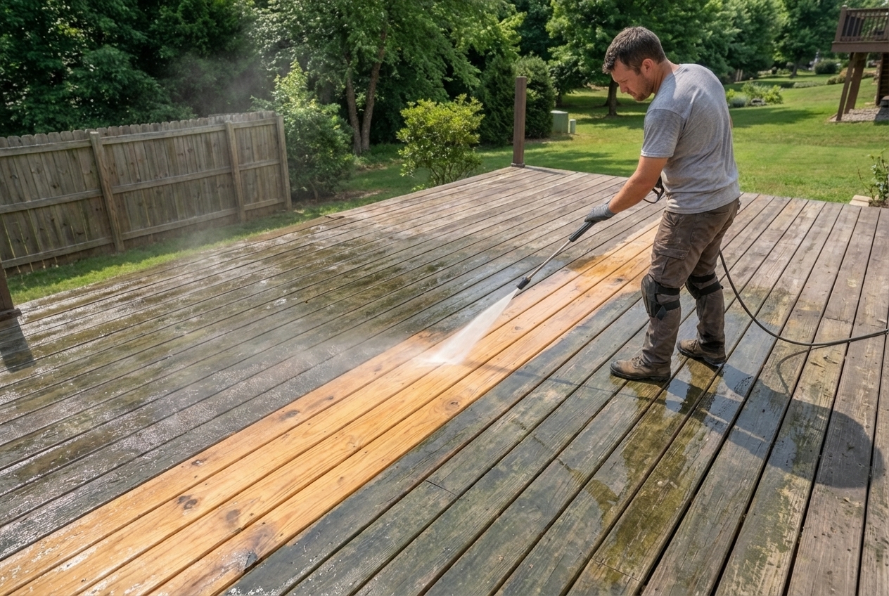 Pressure washing a dirty deck with clean stripe visible