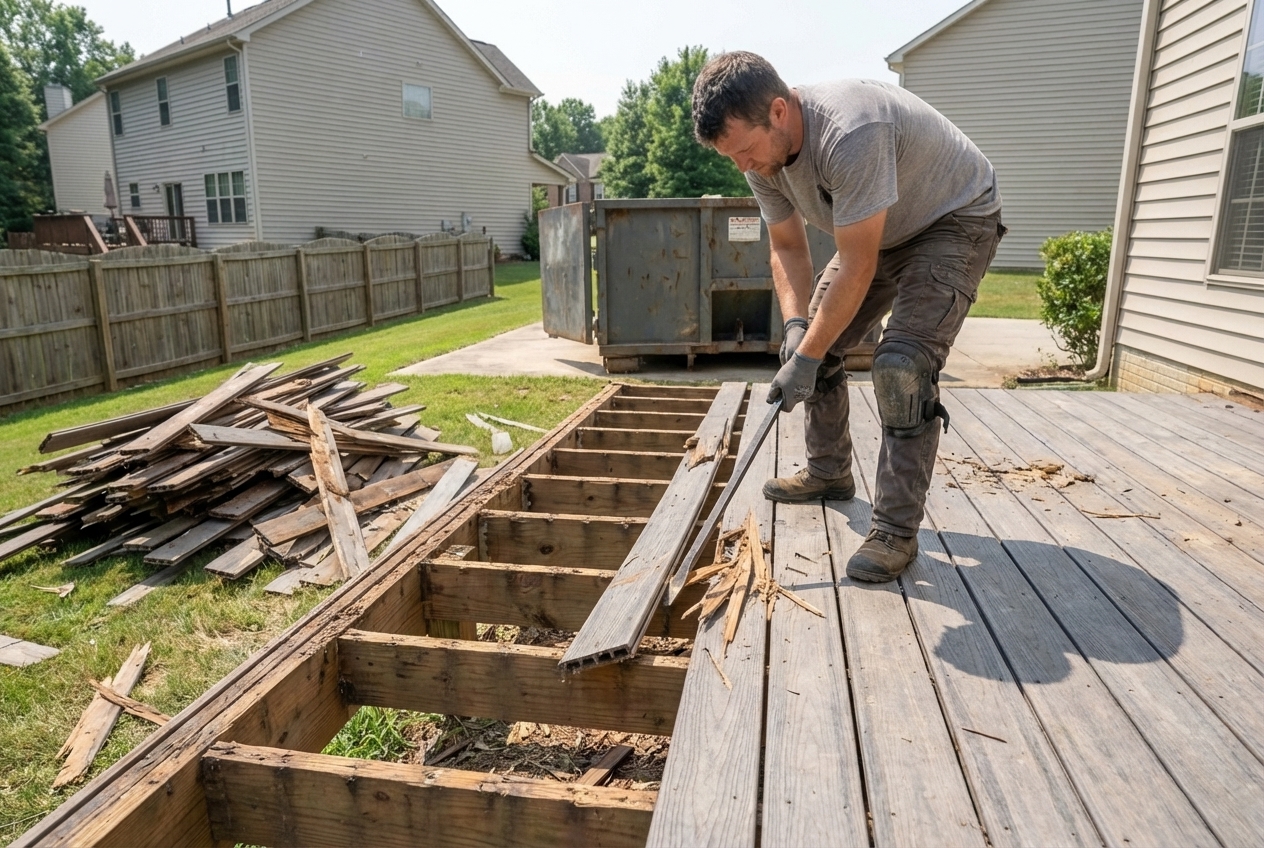 Deck demolition and removal project with debris being hauled away in Atlanta, Georgia