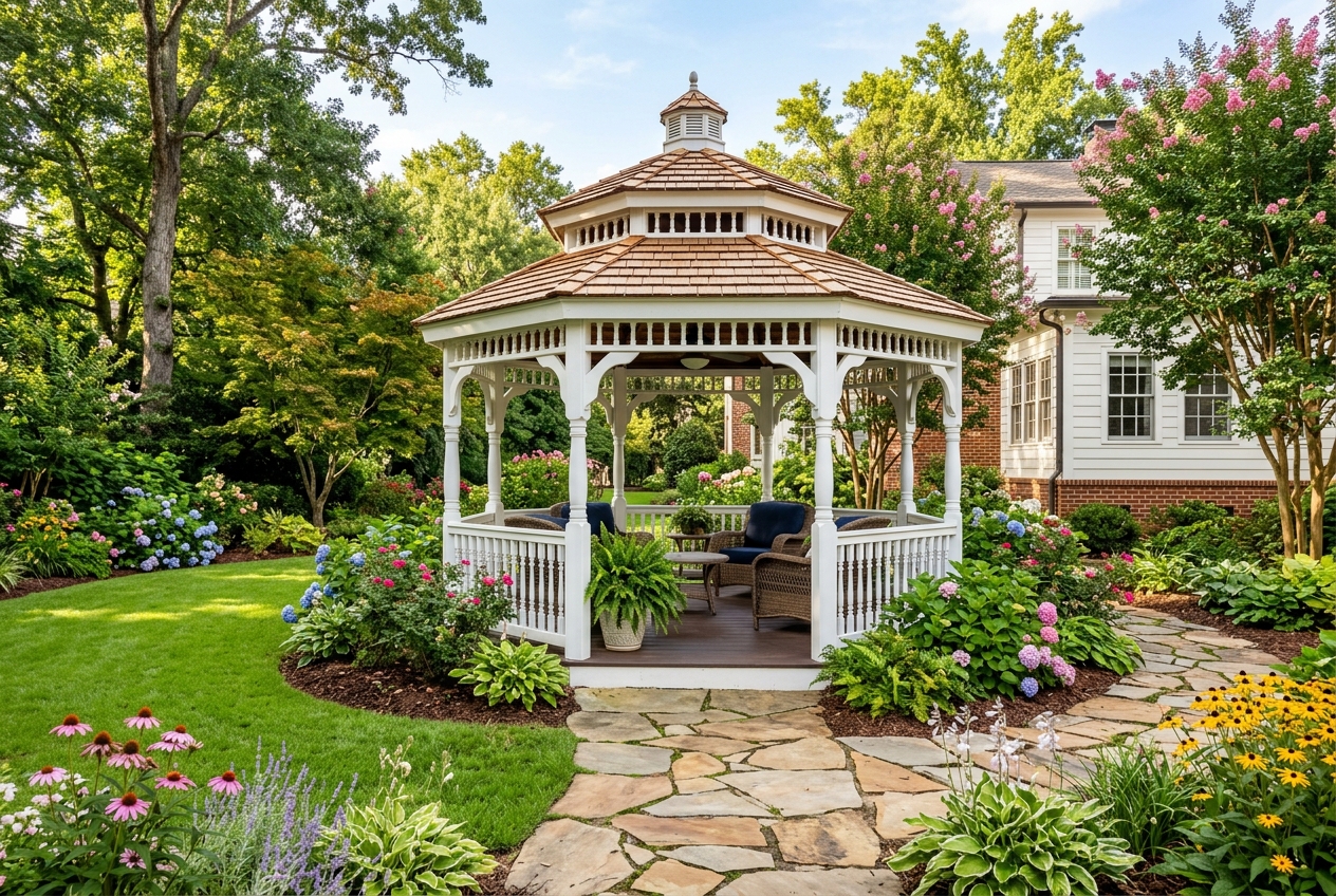 Custom-built wood gazebo with shingled roof in a landscaped Atlanta backyard